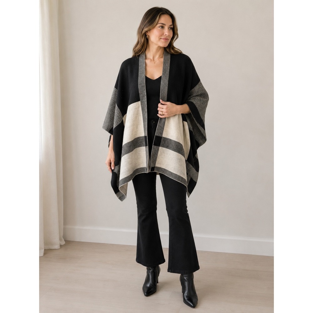 Adrienne Vittadini Wool Blend Wrap Cardigan Black Cream Colorblock Chevron Large